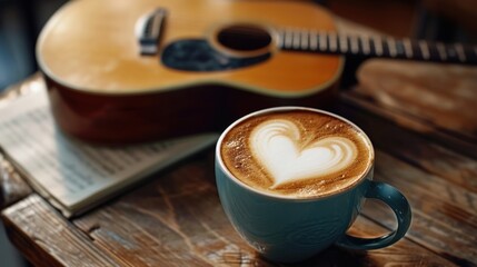 Coffee with heart shape latte art and music sheet guita on wooden table. - obrazy, fototapety, plakaty