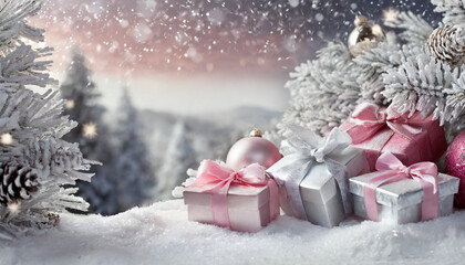 illustration d'un décor de Noël représenté par des cadeaux posés dans la neige dans les teintes gris et rose de chaque côté des sapins et branches de sapins blanc sur un fond d'un paysage hivernal	
