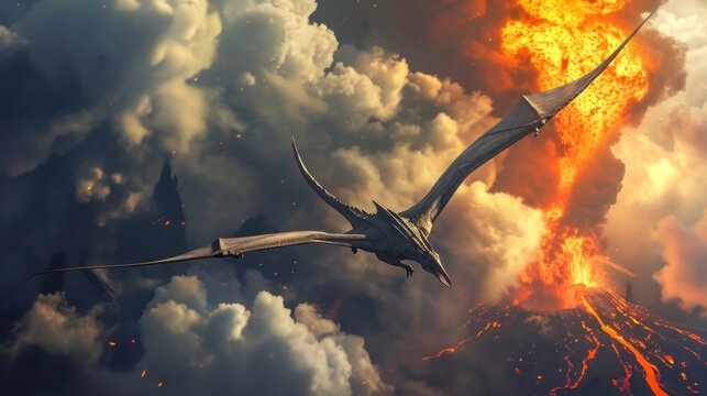 Flying dinosaur, Pterodactyl, flying over an erupting volcano with fire flame smoke in prehistoric environment. Photorealistic.