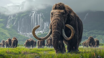 A group of mammoth walking in grass land in ancient prehistoric enviroment.