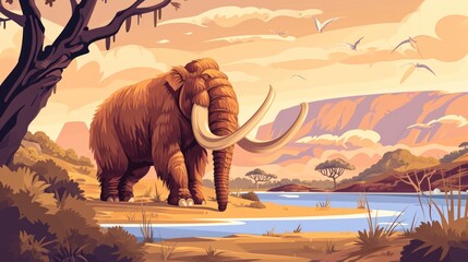 Vector illustration of mammoth in prehistoric enviroment. - obrazy, fototapety, plakaty