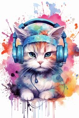 Cat listen to music with headset watercolor 3D illustration clipart, isolate on white background