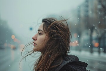 Woman stay on the street, her hair flutters in the wind, overcast