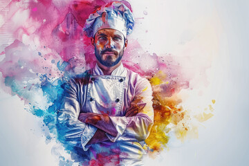 Fototapeta premium A colorful watercolor painting of a male chef, kitchen and culinary concept