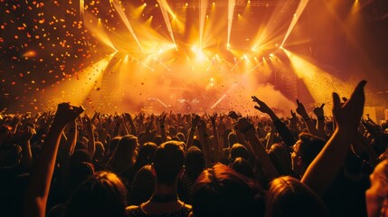 A vibrant scene at a concert venue as a large crowd of people enthusiastically raise their hands in the air, fully engaged in the live music performance