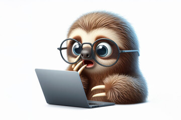 Fototapeta premium Sloth in glasses with laptop
