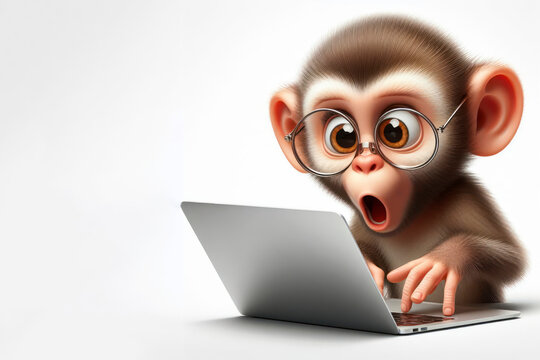 monkey with glasses and a surprised look on her face is looking at a laptop on white background