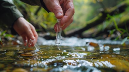Greenpeace researcher holds fish in hand while collecting water samples from a river using a test tube
