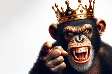 angry chimpanzee wear golden crown on his head on a white background
