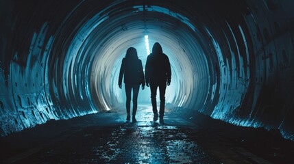 Two individuals are seen walking deeper into a dark tunnel, their figures partially illuminated from behind - obrazy, fototapety, plakaty