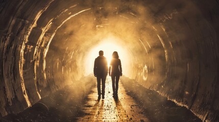 A couple of individuals walking deeper into a tunnel, partially illuminated, captured from behind - obrazy, fototapety, plakaty