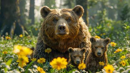 Brown bear family in the summer forest