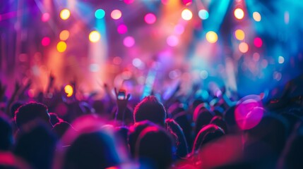 A large crowd of people gathered at a concert, faces lit up with joy as they enjoy the music and...