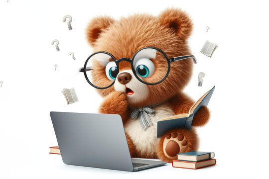 bear with glasses and a surprised look on her face is looking at a laptop on white background