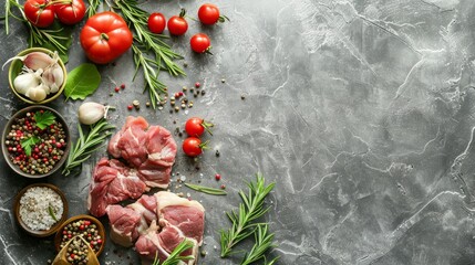 Raw lamb or mutton meat with fresh herbs and cherry tomatoes arranged on a gray stone table