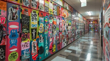 A variety of vibrant stickers covering a wall in a colorful display