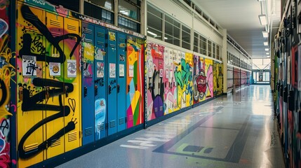 High angle view of a school hallway lined with lockers covered in colorful graffiti