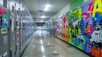 A high-angle view of a long school hallway lined with lockers covered in colorful graffiti tags and designs