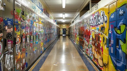 A high-angle view of a school hallway lined with lockers, each covered in colorful graffiti tags and designs