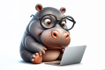 Hippopotamus bear with glasses and a surprised look on her face is looking at a laptop on white background