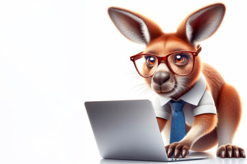 Kangaroo with glasses and a surprised look on his face is looking at a laptop on white background