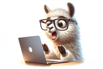 Naklejka premium llama with glasses and a surprised look on her face is looking at a laptop on white background