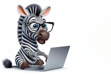 Fototapeta premium Zebra with glasses and a surprised look on her face is looking at a laptop on white background