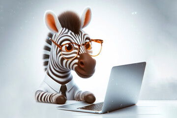 Fototapeta premium Zebra with glasses and a surprised look on her face is looking at a laptop on white background