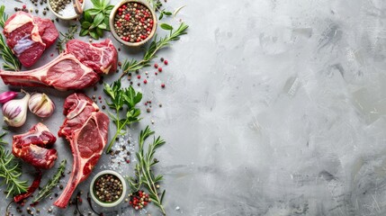 Spread of raw lamb meat seasoned with fresh herbs and spices on a gray surface - obrazy, fototapety, plakaty