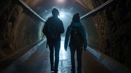Two people walking towards the camera in a tunnel with visible expressions on their faces