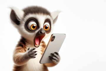 surprised lemur holding a smartphone with a white screen on a white background - obrazy, fototapety, plakaty