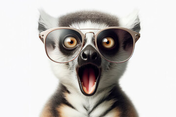 surprised portrait lemur wear sunglasses on a white background - obrazy, fototapety, plakaty