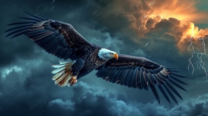 Obraz premium A bald eagle flying in sky in thunderstorm.