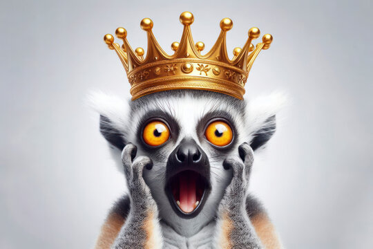 surprised portrait lemur wear large golden crown on his head on a white background