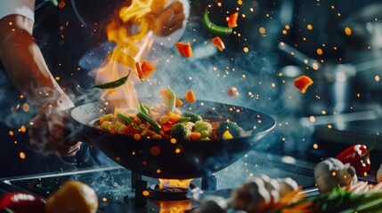 A person intensely cooking food on a grill, stir-frying vegetables with focus and skill