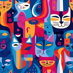 Colorful cats seamless pattern in the style of pattern-based painting