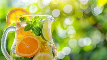 A glass pitcher filled with citrus-infused water, garnished with slices of lemon, lime, and orange, as well as fresh mint leaves - Powered by Adobe