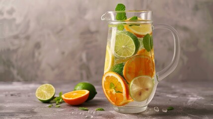 Glass pitcher filled with water infused with slices of lemon, lime, and orange fruits
