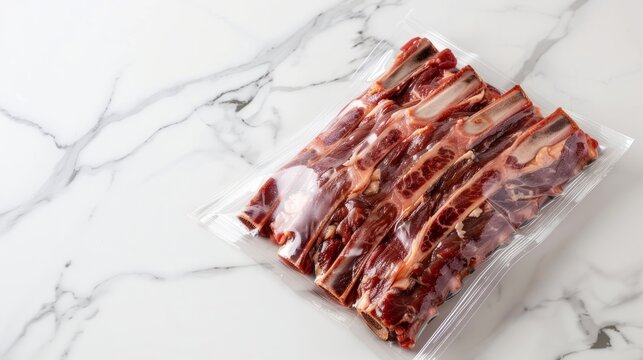 Sealed Bag Of Bacon Resting On White Marble Counter