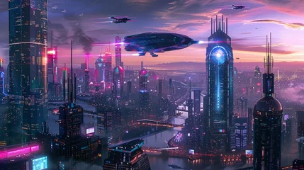 Foto op Canvas A futuristic cityscape at twilight, lit up by vibrant neon lights, featuring a flying saucer hovering in the sky © Ilia Nesolenyi
