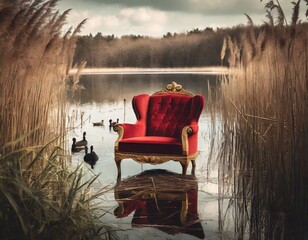 Red chair in a lake