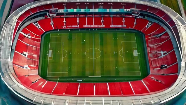 Aerial push-in shot of empty football stadium with multi-level arenas. Sports arena for hosting major sports competitions for ball games.