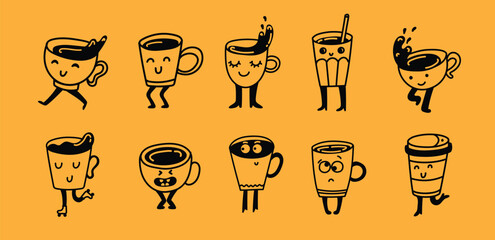 Set of retro doodle funny characters posters. Vintage drink vector illustration. Latte, cappuccino, coffee cup mascot. Nostalgia 60, 70s, 80s. Print for cafe - 782059459