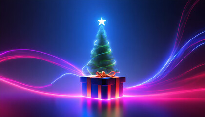 illustration d'un sapin de noel moderne vert avec son étoile et sa guirlande lumineuse un cadeau au pied sur un fond bleu en dégradé avec des effets de néon rose et bleu	