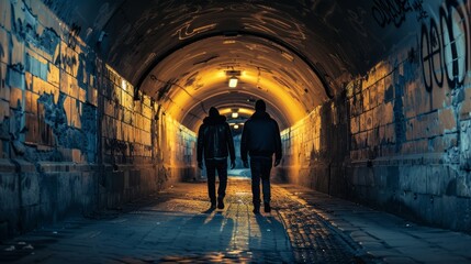 Two individuals walking down a dimly lit tunnel, with shadows surrounding them
