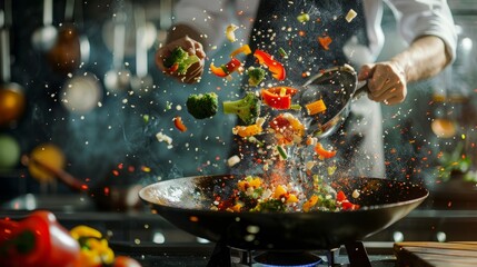 A chef skillfully tosses colorful vegetables in a wok over a high flame, creating a vibrant...