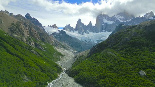 Snow capped peak mount Torres del Paine, Los Lagos, Chilean Andes, Chile. Aerial drone view.