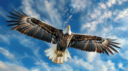 Obraz premium Wildlife Photography of a Bald Eagle in Flight, Majestic Bird Soaring Against a Blue Sky with Clouds