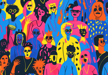 Silhouettes of people dancing at a party in bright costumes. Rave festival illustration in hand drawn style