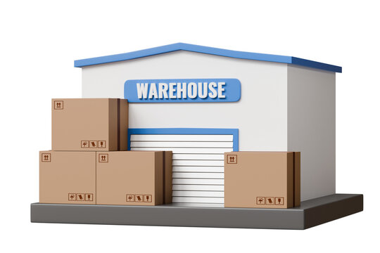 3d Warehouse building cargo with cardboard boxes or parcel storage shipment sorting center icon. logistic and factory concept. minimal warehouse building icon creative design 3d rendered illustration.